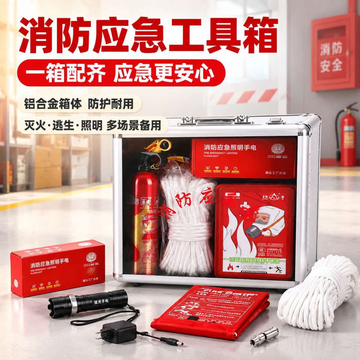 Firefighting Kit Emergency Box Equipment One-Stop Purchase Fire Extinguisher Fire Blanket Respirator Flashlight Safety Rope High-Rise Rescue 1