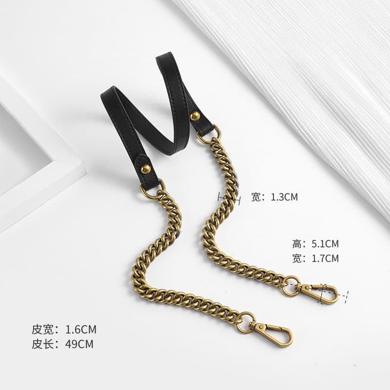 Black leather antique gold chain 90cm