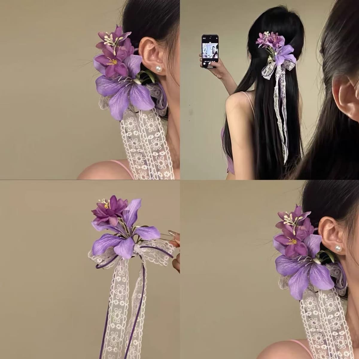 7332 purple tang flower ribbon hairpin