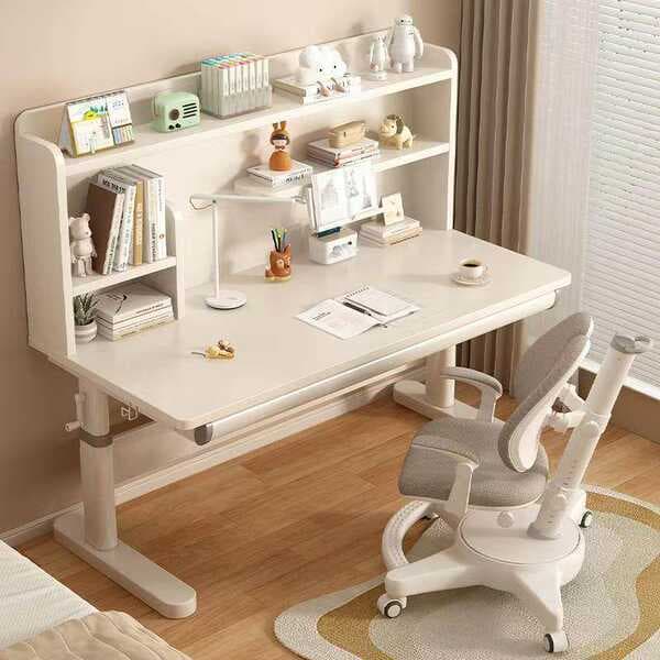 Children's Desk with Manual Height Adjustment, Large White Desk with Perforated Board, Simple Office Desk for Home Use, Bedroom Study Desk for Primary School Students