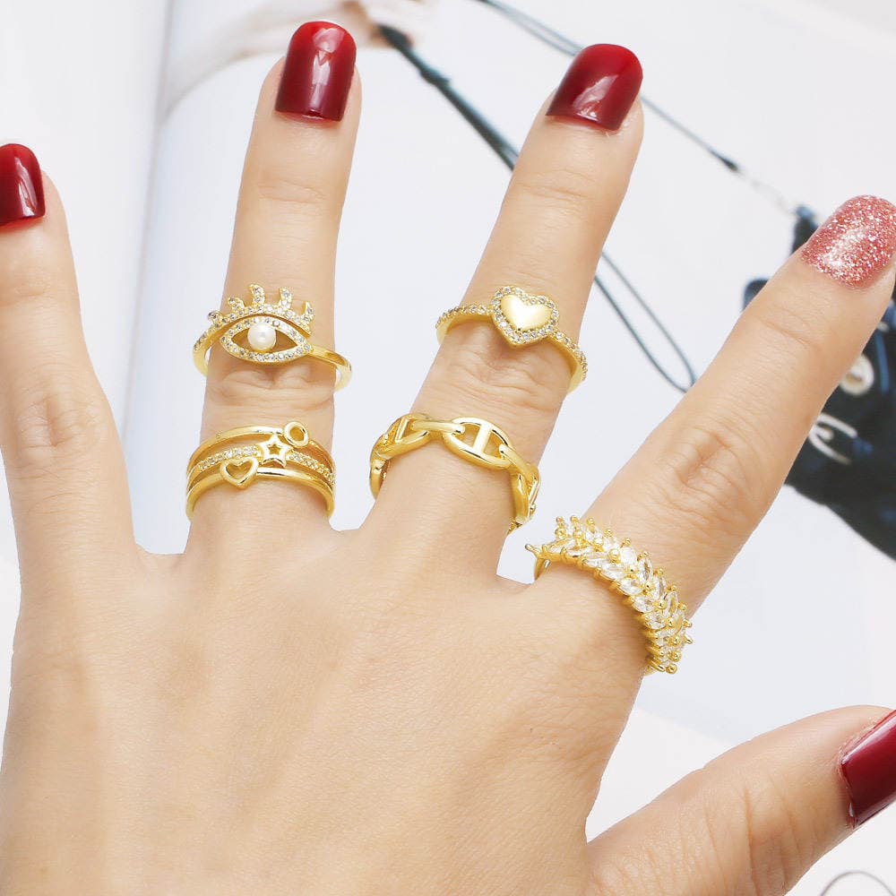 As Jewelry Aliexpress Sərhədlərarası Zirkonlu Mis 18K Qızıl suyuna çəkilmiş Mirvari Göz Ürək Formalı Açıq Üzük Rij45 3
