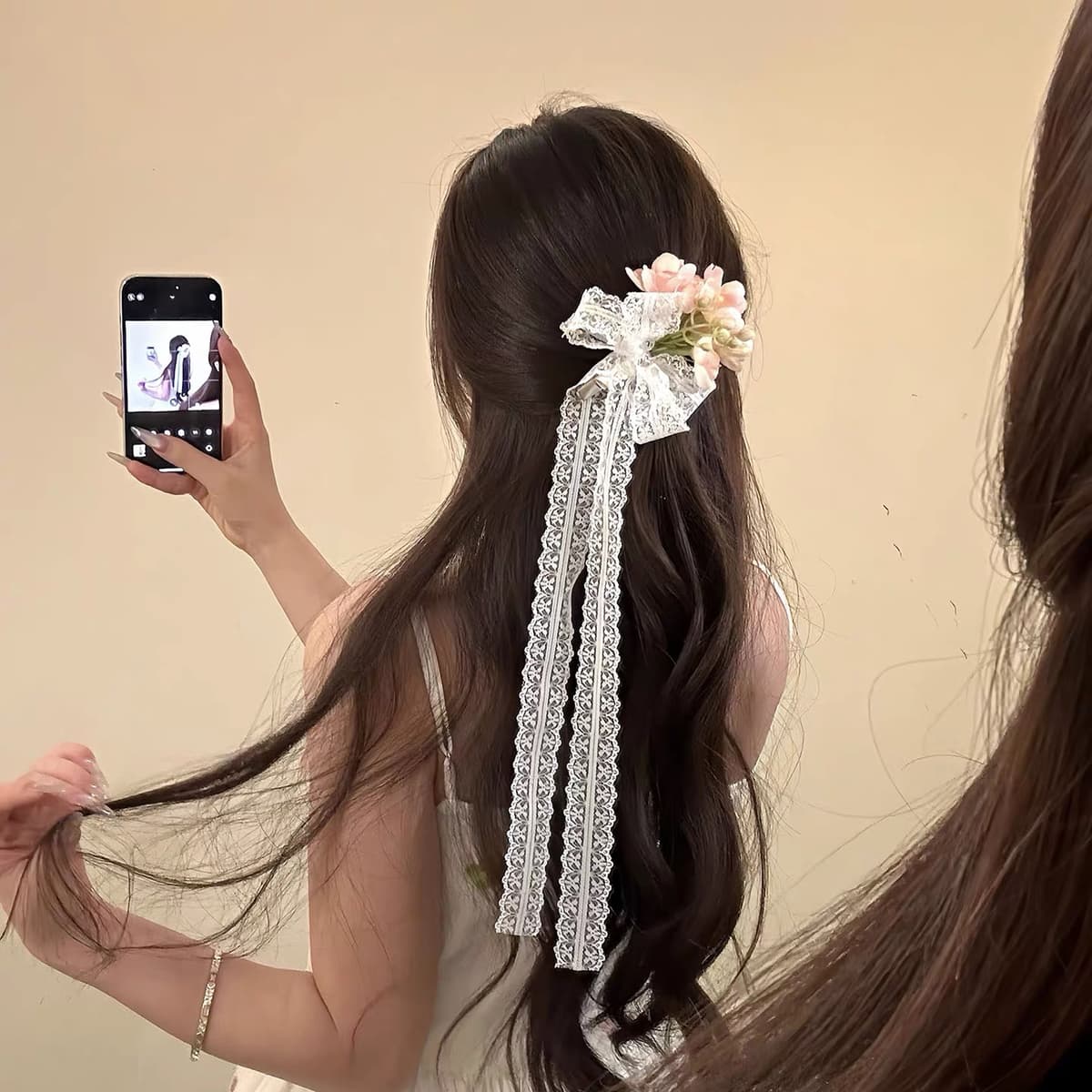 Pink flower ribbon hairpin