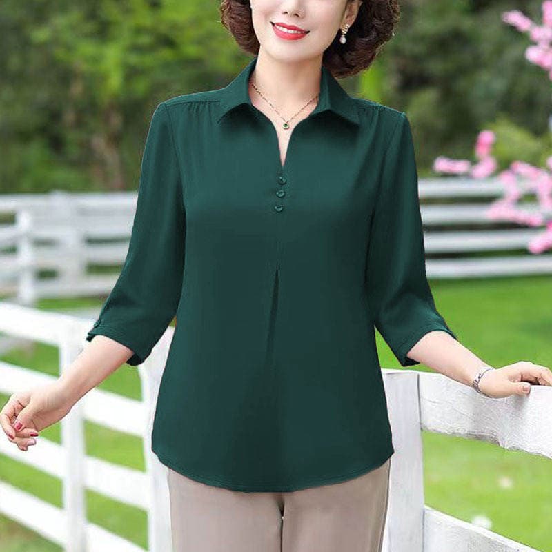 Five-Quarter Sleeve Mom Summer Solid Color Blouse, Fashionable Middle-Aged and Elderly Women's Mid-Sleeve Loose Pullover Shirt Women's Top 5