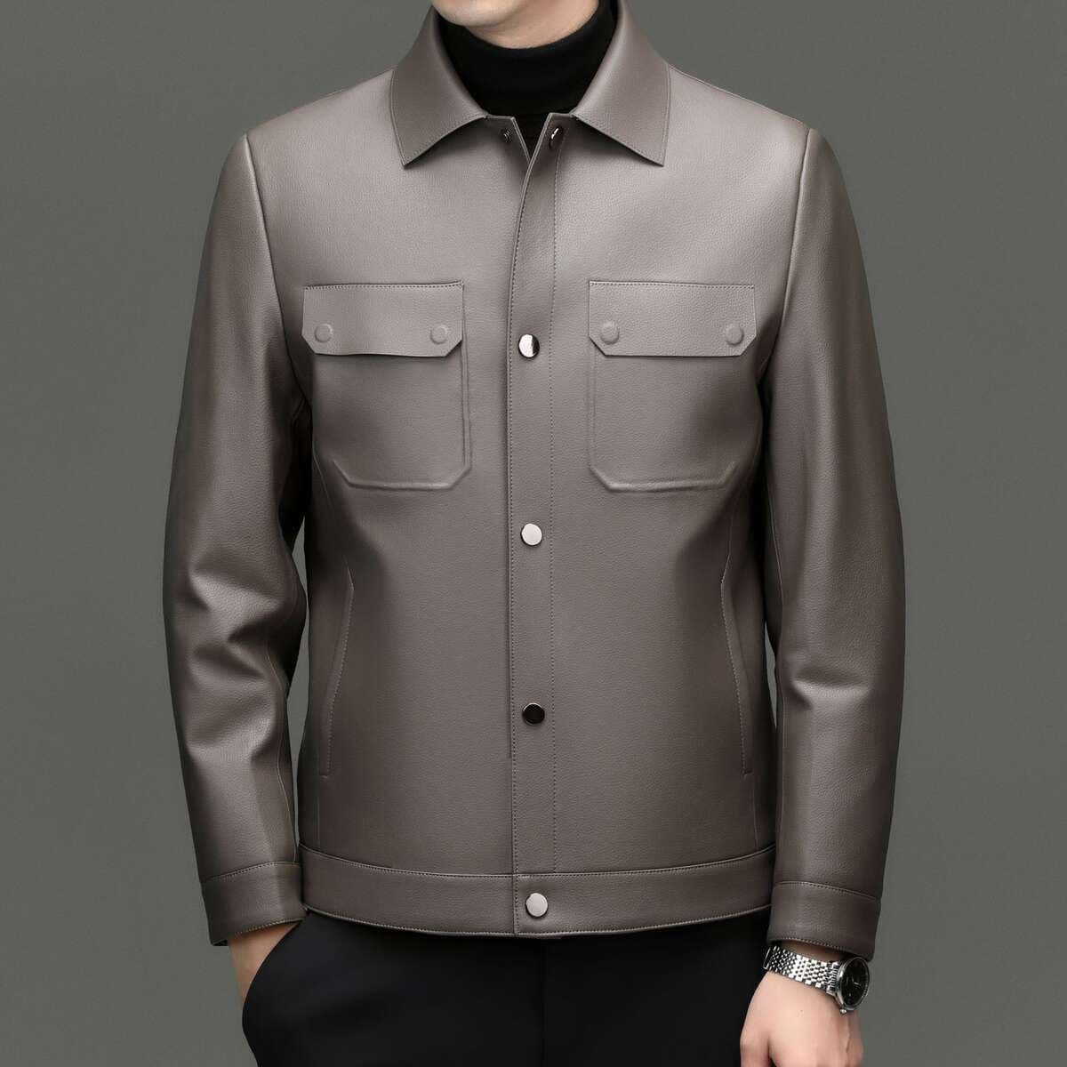 [Removable Goose down Lining] Haining Leather Jacket for Men, Autumn and Winter Lapel Leather Jacket, Casual Jacket for Middle-Aged Dads 3
