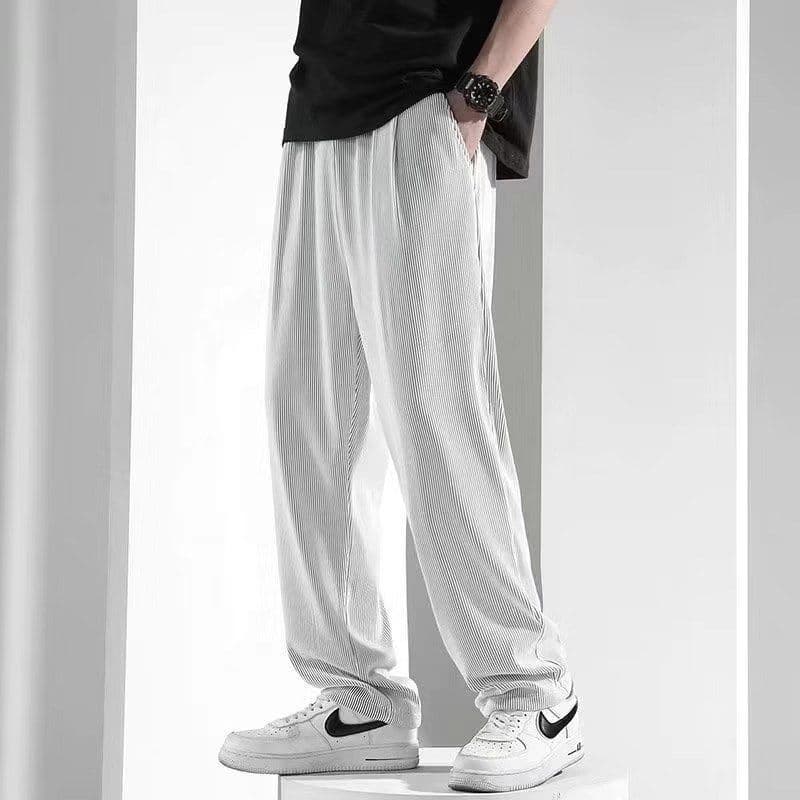 Striped straight ice silk pants light gray