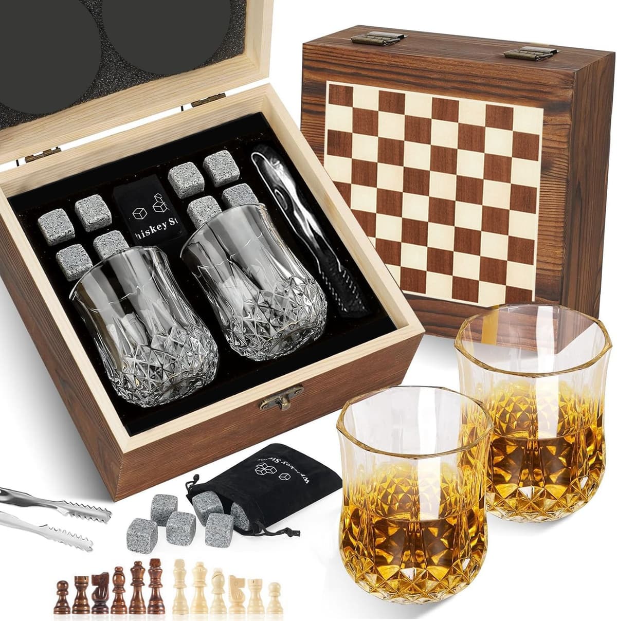 Checkered wooden box star diamond cup double cup whiskey 2 cups 8 stone felt pad coaster