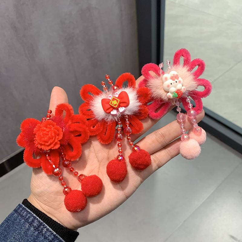 Children's New Year Headwear Chinese Style Girls' Hanfu Hairpin Mink Fur Ancient Style Tassel Hairpin Baby New Year Hair Accessories 3