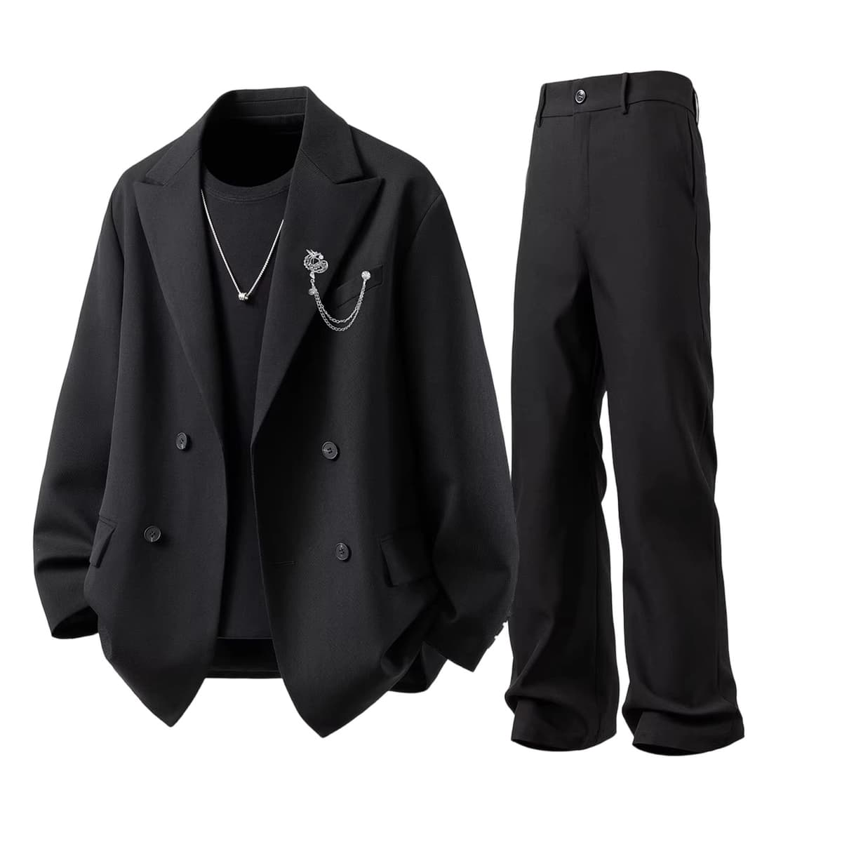 Brooch chain jacket + black trousers