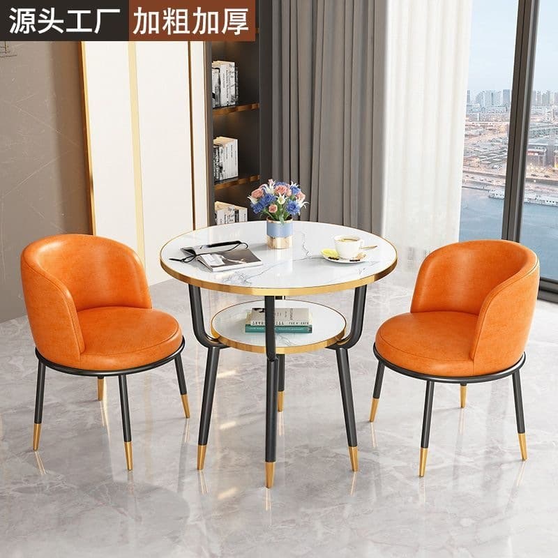 [one table and two chairs] warm white double-layer table 60cm + 2 light gray matte leather chairs