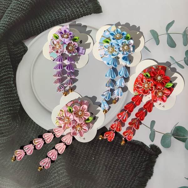 Japanese Style Kimono Clothing Fine Worker Flower Hairpin Japanese Style Antique Hairpin Hair Accessories Headwear Flower Tassel Fan Hair Accessories Side Clip