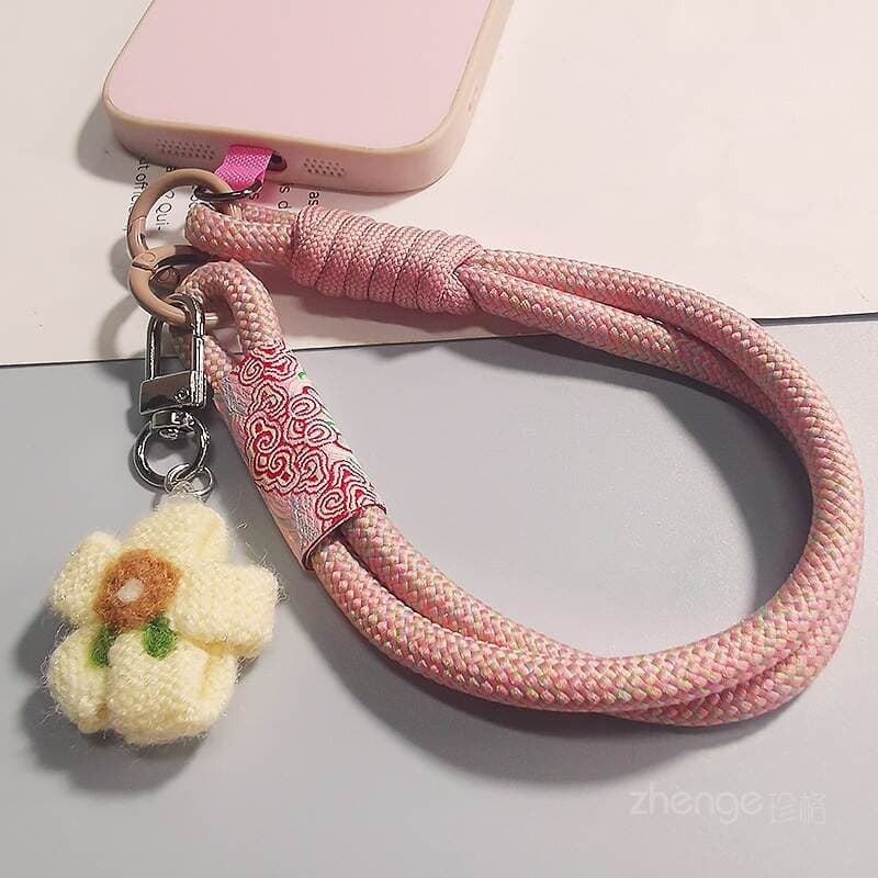 Mobile Phone Lanyard Chinese Style Auspicious Cloud Pattern Braided Wool Flower Pendant Women's Wrist Rope Short Outdoor Mountaineering Travel 4
