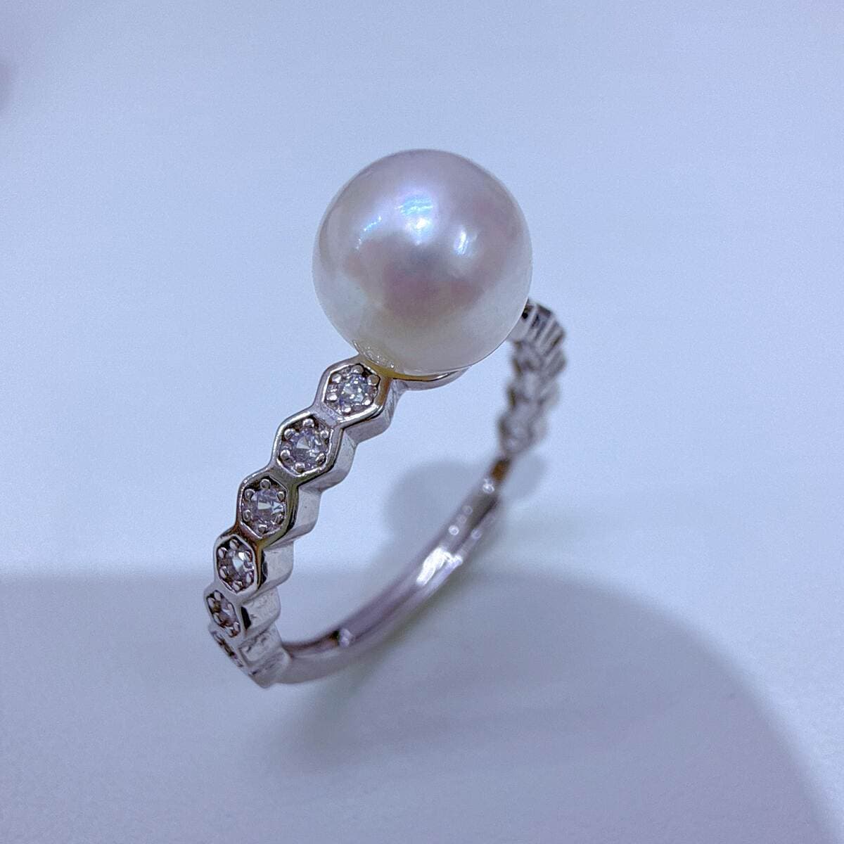 Seawater Akoya Pearl Adjustable Ring Women's Zircon S925 Sterling Silver Accessories Empty Support Retro Honeycomb Ring 2
