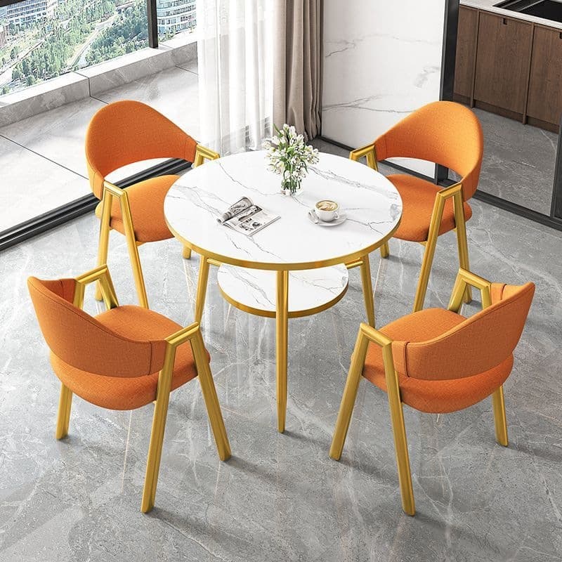 Round table + 4 orange cloth chairs - gold legs