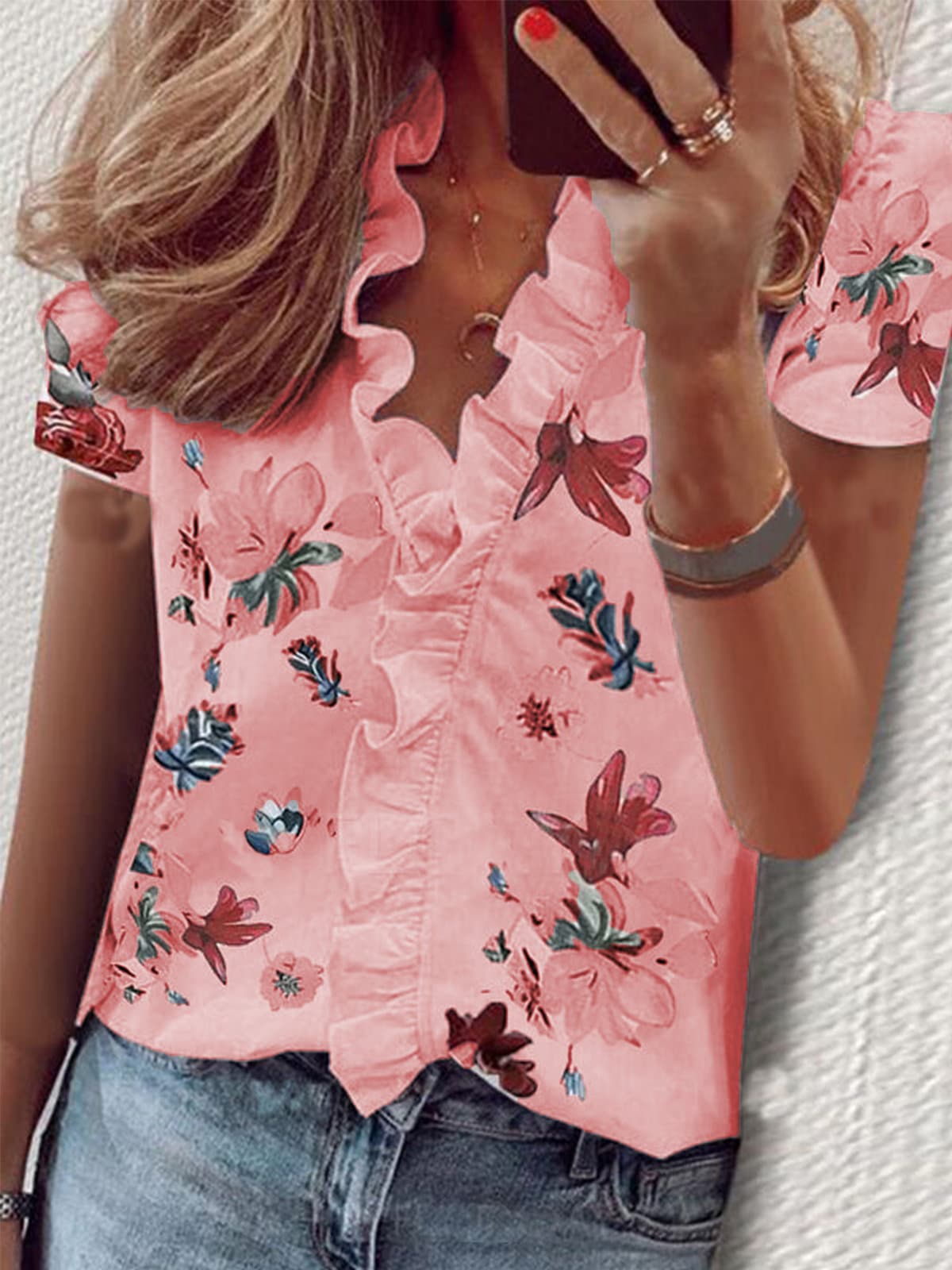 Short sleeves-large floral pink