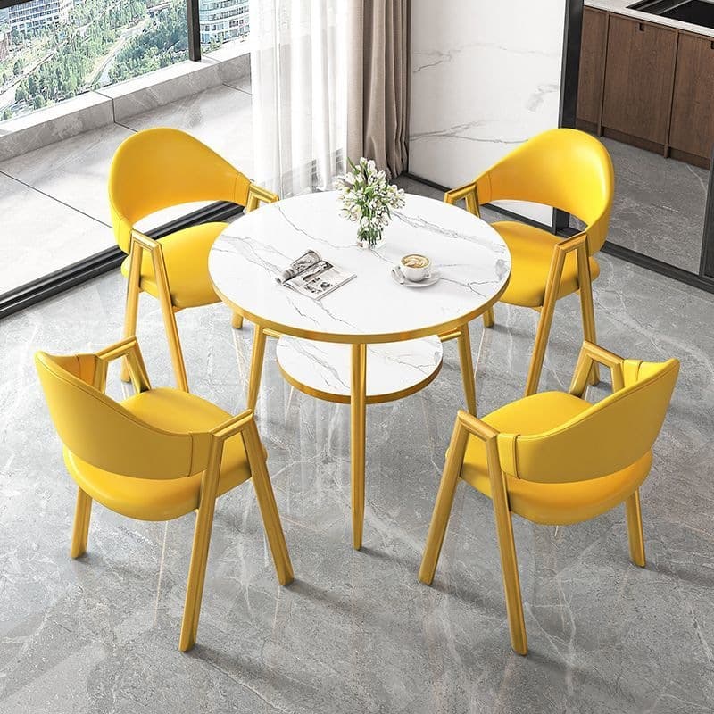 Round table + 4 yellow leather chairs - gold legs