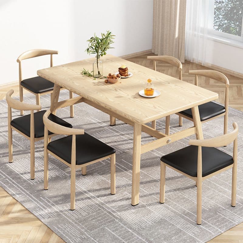 Solid wood color 140*80 table and six chairs [black leather]