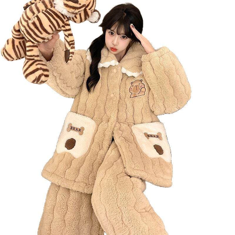 Qadınlar üçün Üçqat Qalınlaşdırılmış Mərcan Məxmər Pijama Dəsti, İsti, Cizgi Filmi, Ev/Çöl üçün 5