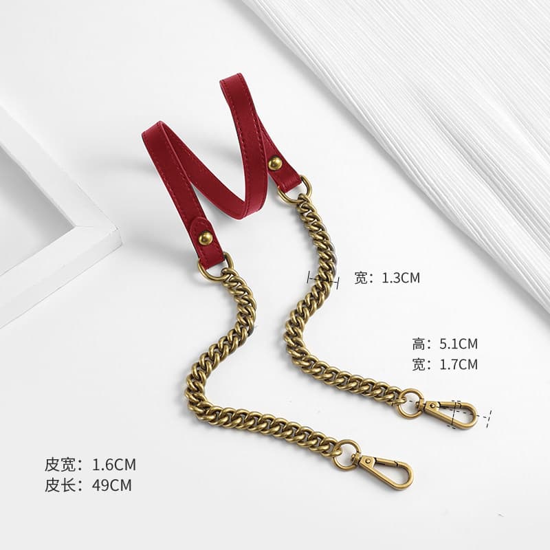 Red leather ancient gold chain 90cm