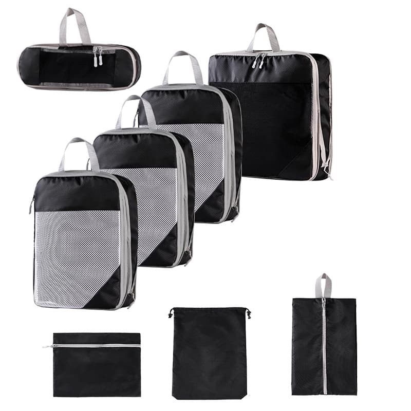 Eight-piece set with mesh black + drawstring pocket + flat pocket + shoe bag