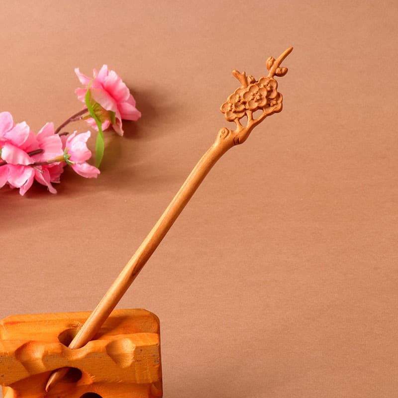 Double-sided carved peach wood hairpin-wintersweet