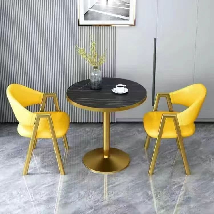 Imitation black marble + yellow leather chair
