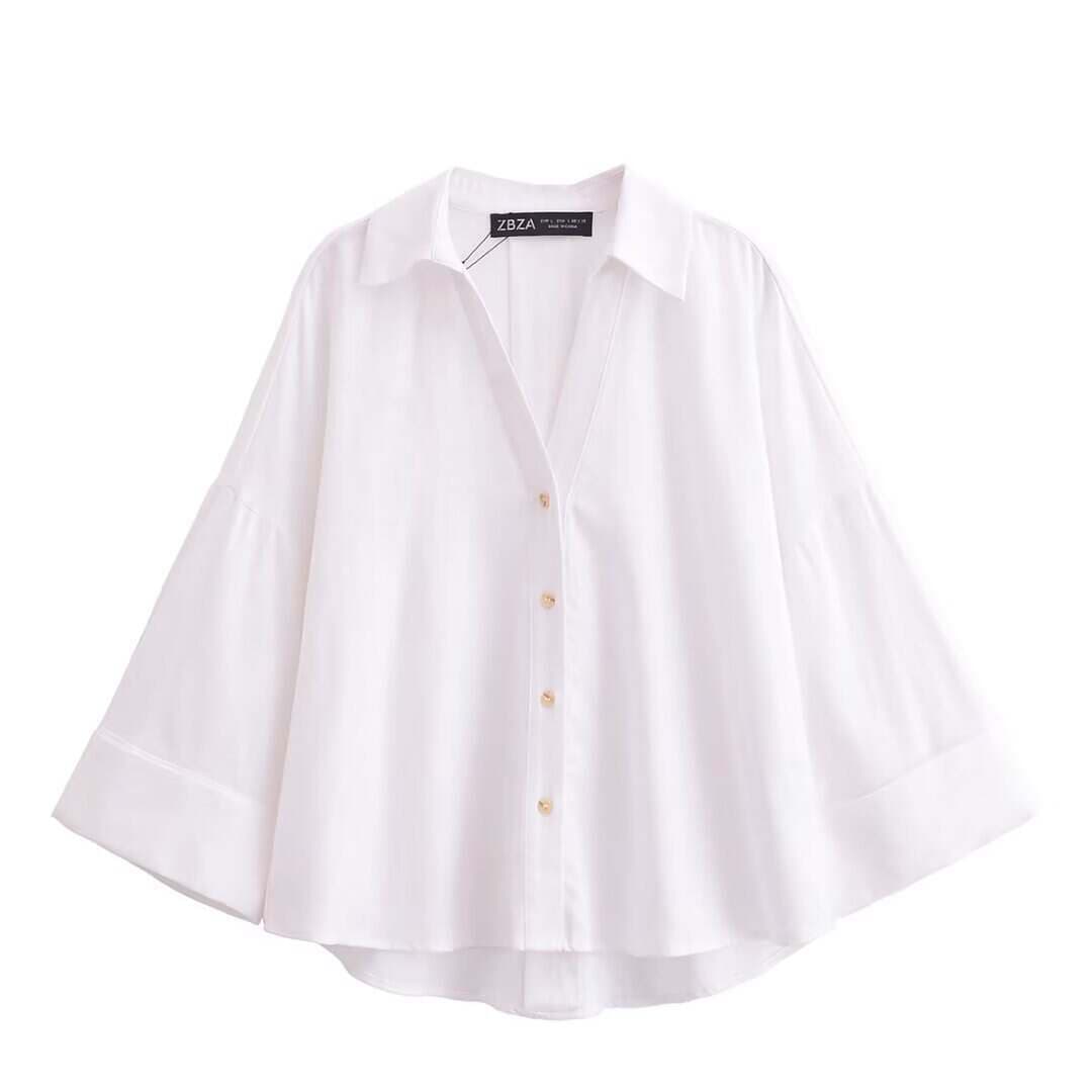 Pb&Za Women's Clothing 2025 Season New Arrival, Fashionable and Versatile Linen Blend Wide-Sleeve Comfortable Shirt 2340939 2