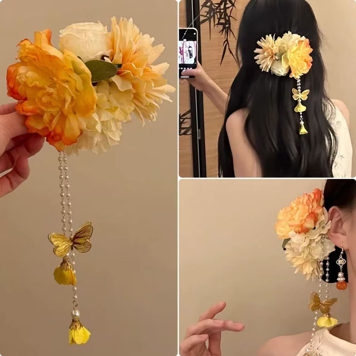 7355 golden butterfly flower tassel hairpin