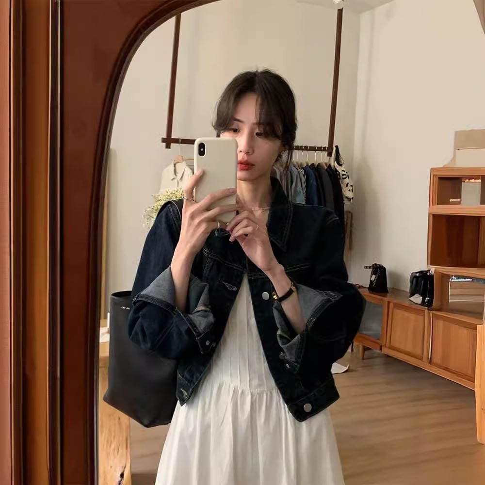 French retro high-grade loose casual all-match long sleeve lapel short American jacket Denim coat top for women 1