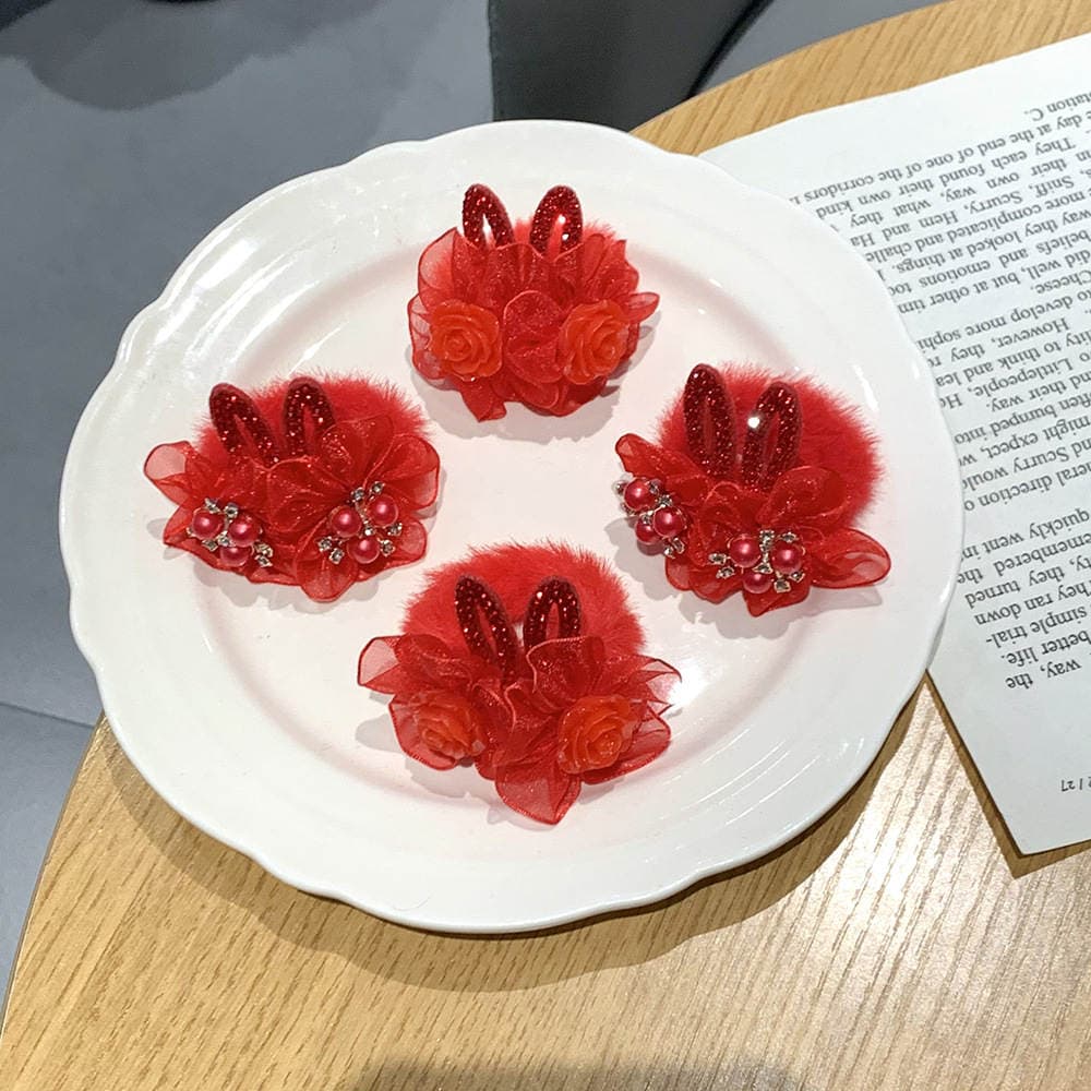 Children's Red Rabbit Ear Plush Hair Tie with Rose Pearl Hair Flower for Girls and Babies, New Year Greeting Hairband, New Year Hair Accessory 4