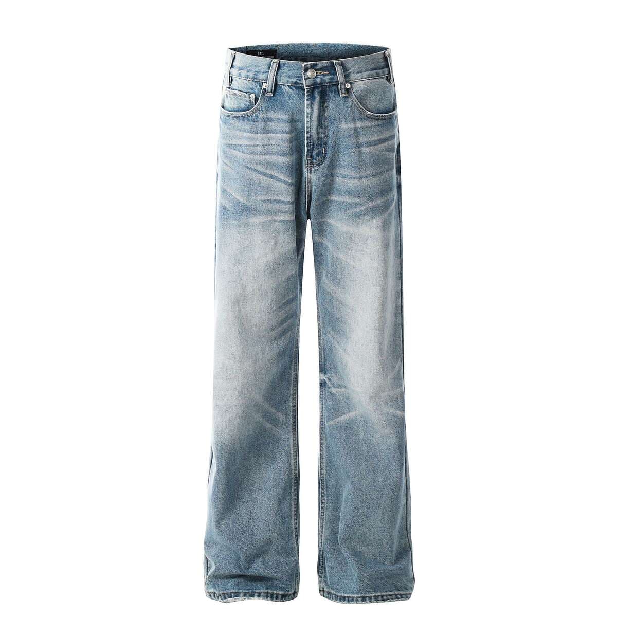 Fx067 American Retro High Street Style Unisex High-End Washed Blue Design Men's Loose Flared Jeans 1