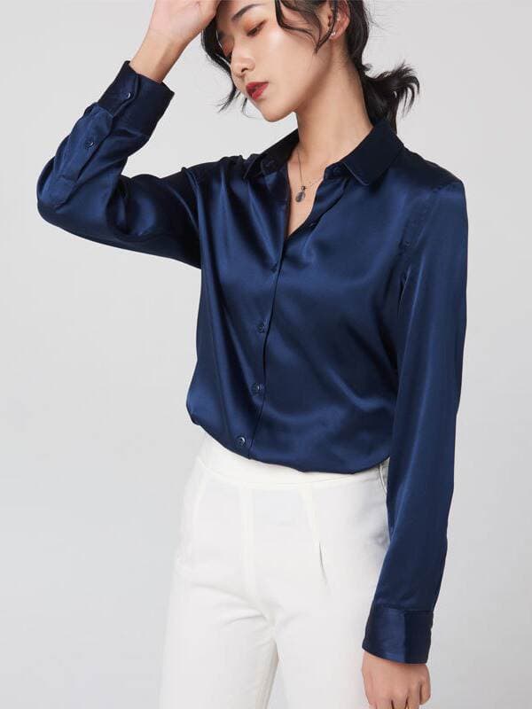 Women's Long-Sleeve Silk Shirt 2026 Spring/Autumn Style Professional Wear Color-Blocking Commuter Shirt Slim Fit Square Collar Top 1
