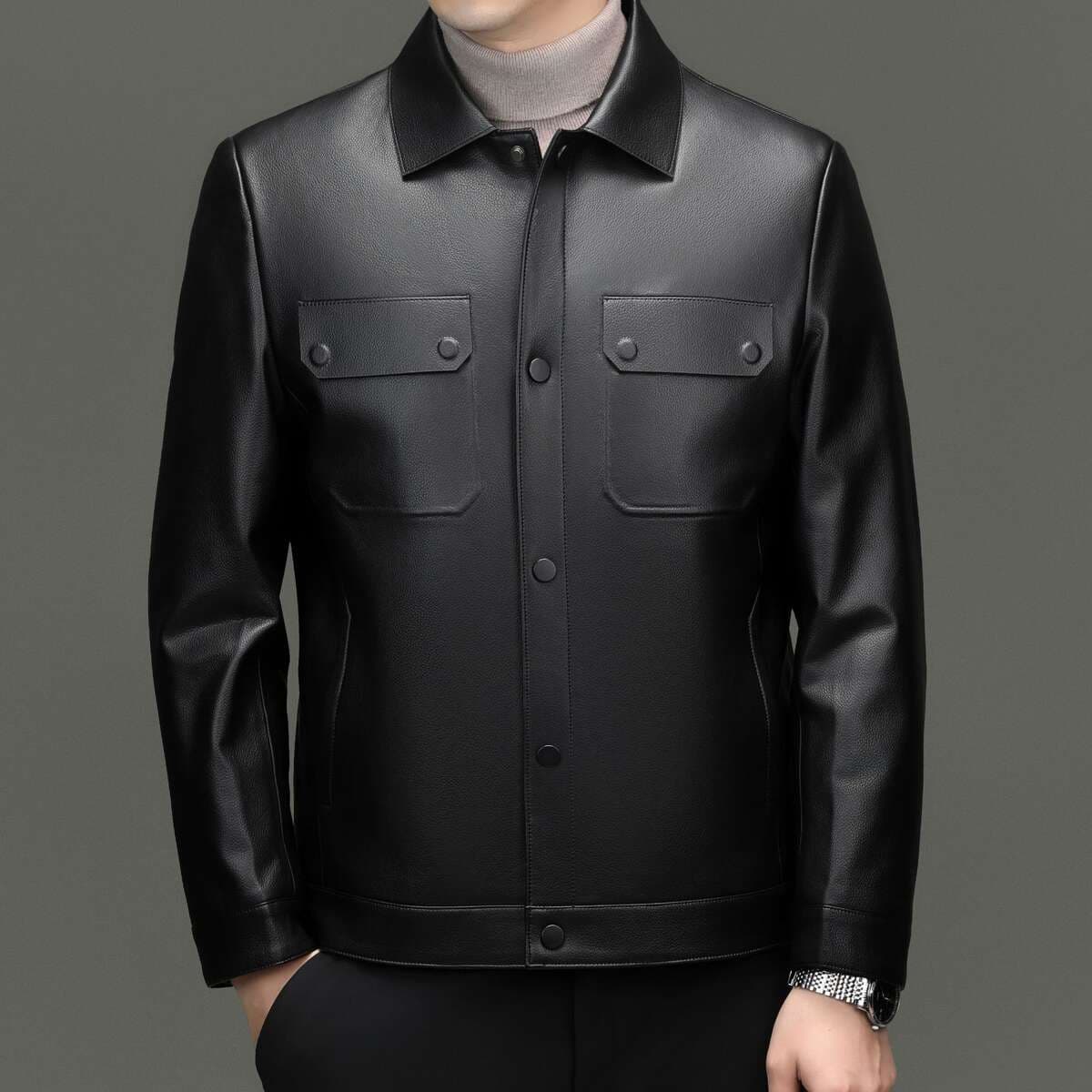 [Removable Goose down Lining] Haining Leather Jacket for Men, Autumn and Winter Lapel Leather Jacket, Casual Jacket for Middle-Aged Dads 1