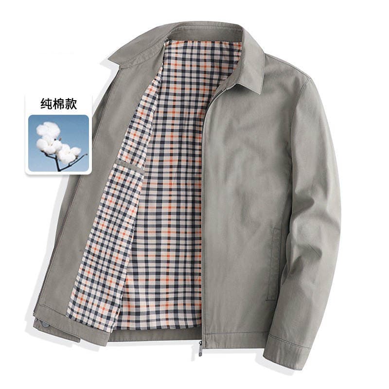 100% Pure Cotton High-End Business Spring Jacket for Middle-Aged and Elderly Men, Men's Lapel Jacket, Spring and Autumn Casual Top 1