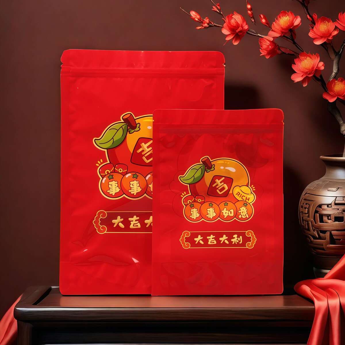 Everything Goes Well in the New Year Gift Packaging Bags, Candy, Candied Fruits, Dry Goods, Self-Standing Ziplock Bags, Wedding and Housewarming Universal Bags 2