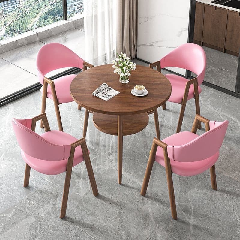 Round table + 4 pink leather chairs - walnut legs