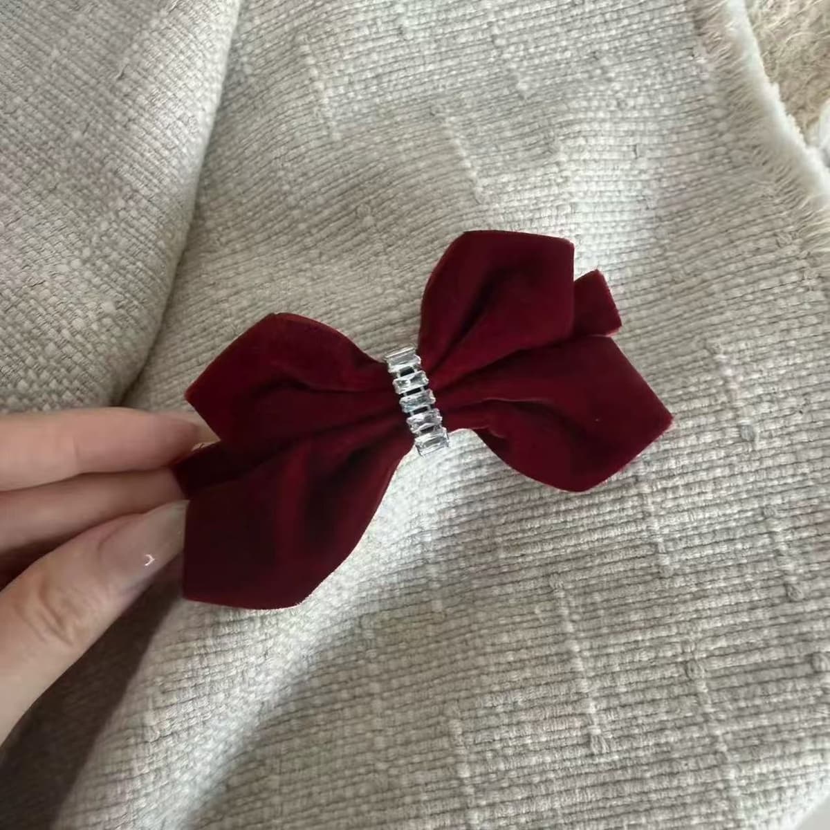 Red rhinestone velvet bow spring clip