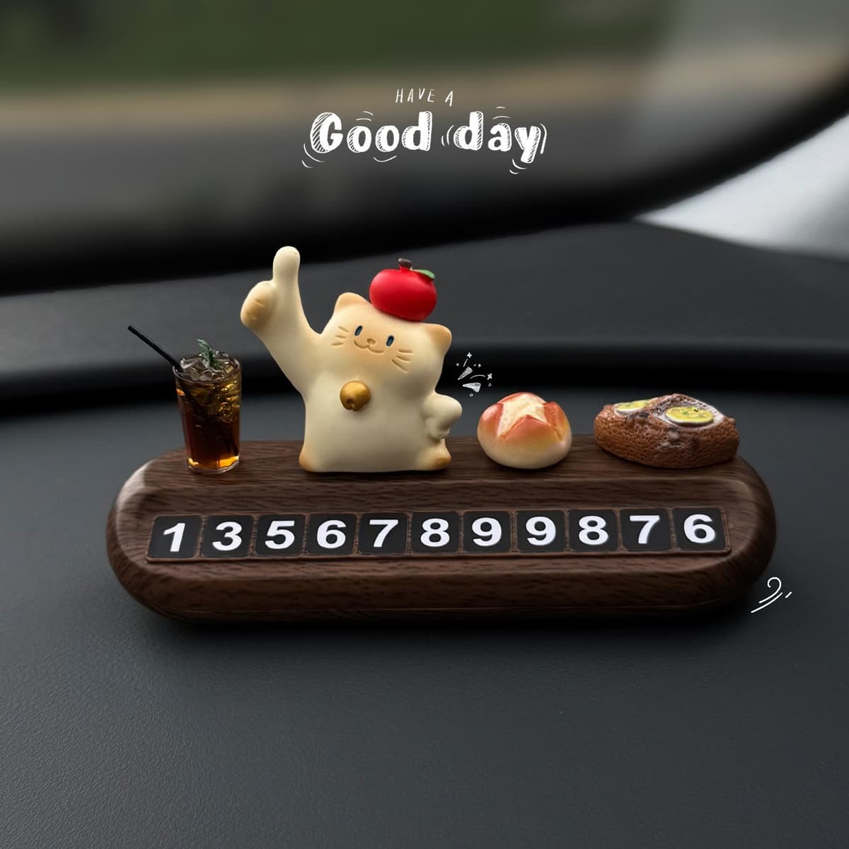 Lucky Golden Bell Cat + Small Ornament + Wood Grain Parking Sign (comes with 5 sets of numbers)