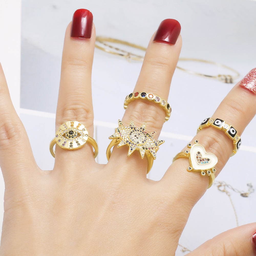 As Jewelry Avropa və Amerika Ürək Formalı Şeytan Gözü Rəngli Emallı Tənzimlənən Üzük, Mis Qızıl suyuna çəkilmiş Rik15 3