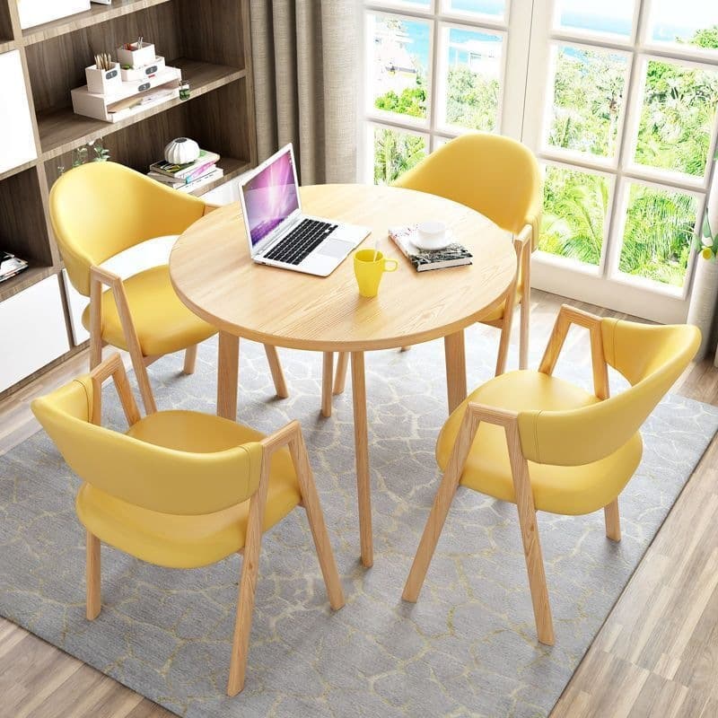Light wood grain single table + yellow leather chair