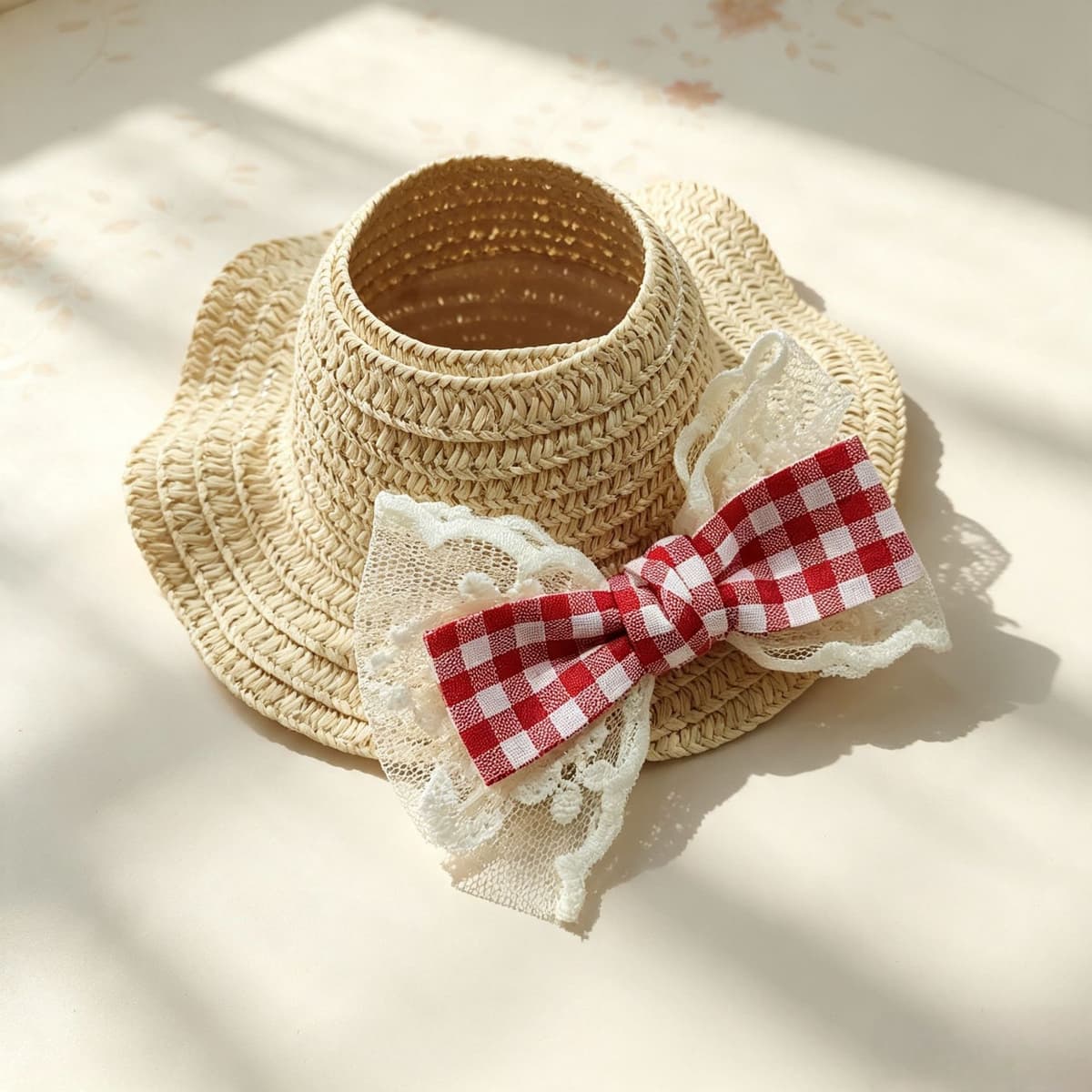 Wavy 13cm red plaid bow straw hat