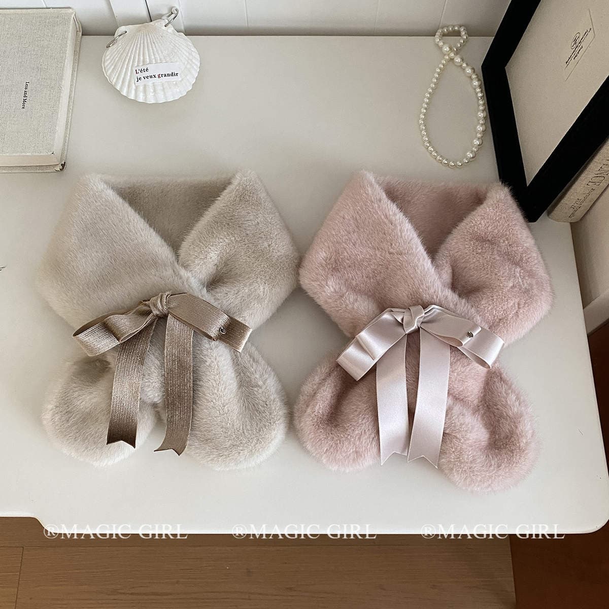 Korean-Style Sweet Pink Faux Fur Scarf for Women, Autumn and Winter Detachable Ribbon Bow, Fashionable and Warm Cross-Neck Scarf 1