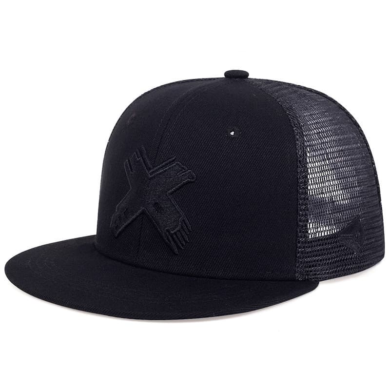 Black x flat brim half mesh hat