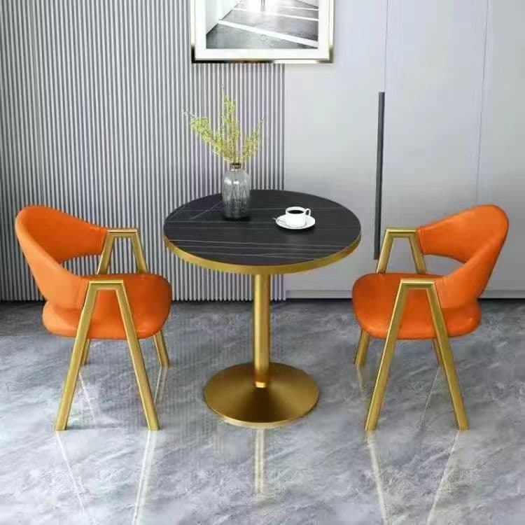 Imitation black marble + orange leather chair