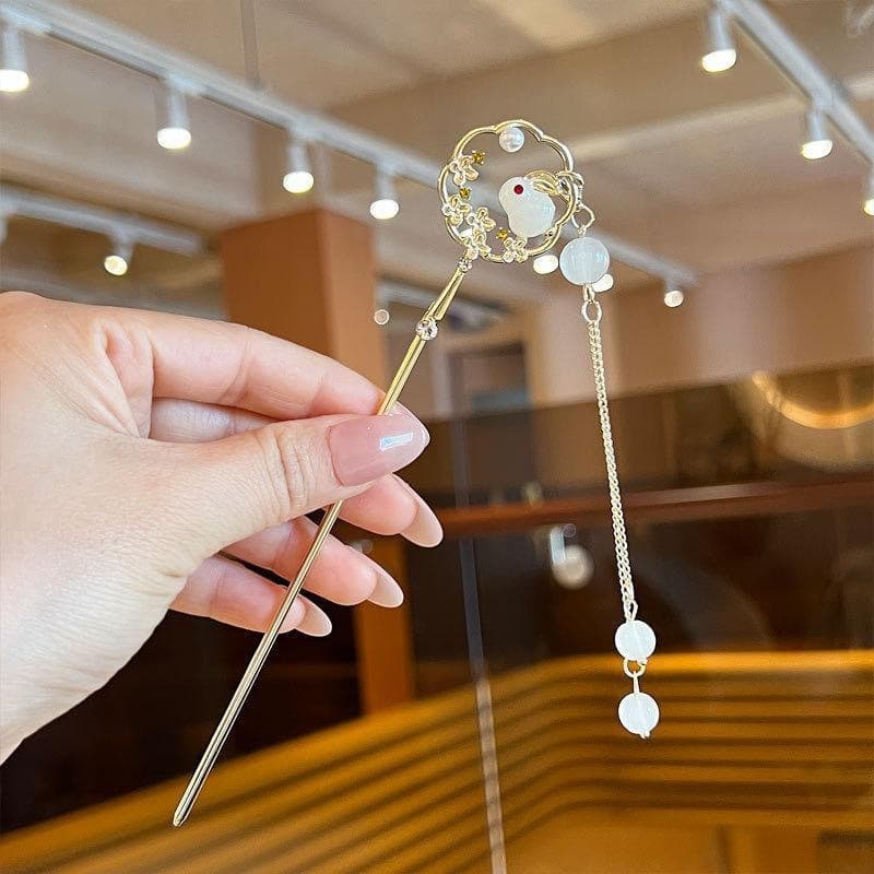 213# Golden Round Jade Rabbit Hairpin