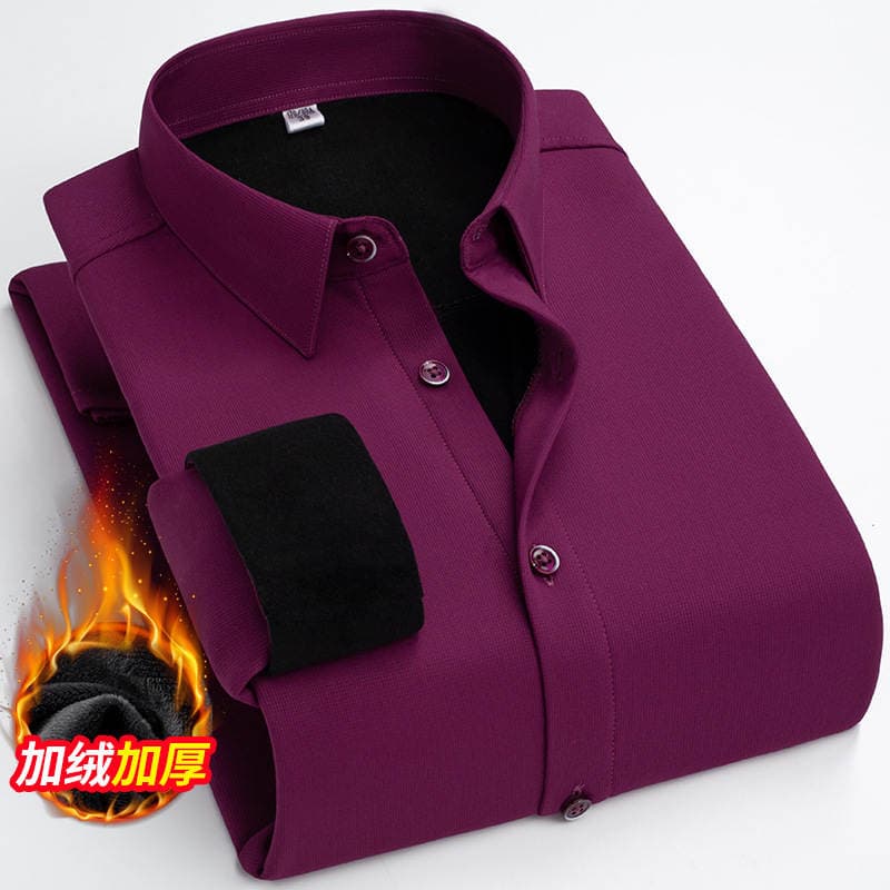 Men's Elastic One-Piece Velvet Seamless Shirt, Men's Long-Sleeved Autumn and Winter Business Casual Plus Velvet Warm Dad Shirt 4