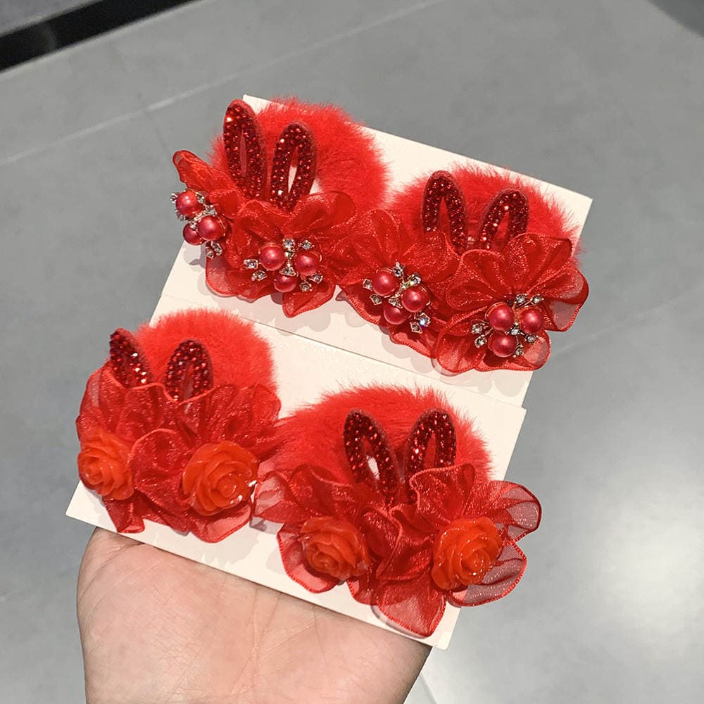 Children's Red Rabbit Ear Plush Hair Tie with Rose Pearl Hair Flower for Girls and Babies, New Year Greeting Hairband, New Year Hair Accessory 2