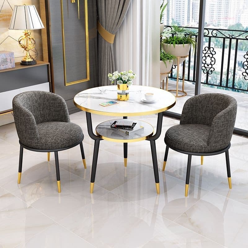 [one table and two chairs] warm white double-layer table 60cm + 2 dark gray cloth chairs