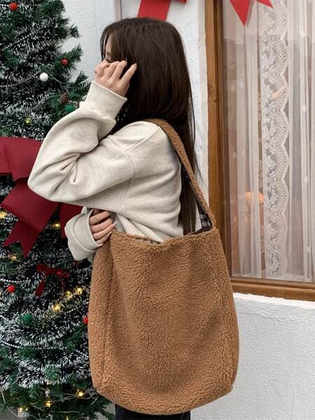 51261 Korean Style Crossbody Bag, Large Capacity Commuter Double-Sided Tote Bag, Fresh and Simple Plaid Autumn and Winter Plush Bag