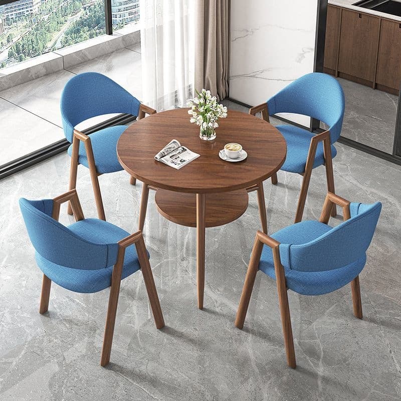 Round table + 4 blue cloth chairs - walnut legs