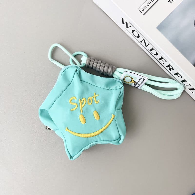 [pentagonal smiley face light cyan] + light cyan label lanyard